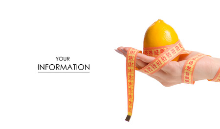 Lemon centimeter in hand health losing weight pattern on white background isolationの写真素材
