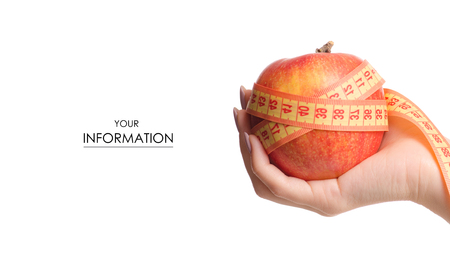 Apple centimeter in hand health losing weight pattern on white background isolationの写真素材