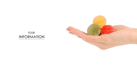 Fruit jelly in sugar in hand pattern on a white background isolationの写真素材