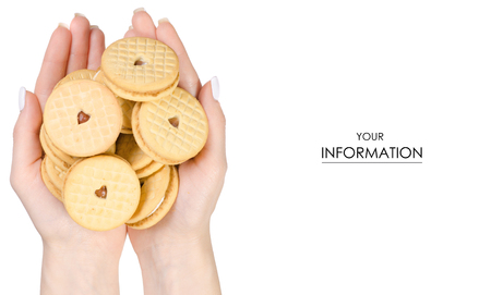 Biscuits with strawberry cream in hand pattern on a white background isolation, top viewの写真素材