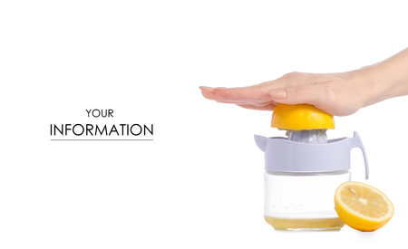 Juicer lemon juice in hands pattern on white background isolationの写真素材