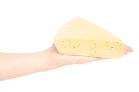 A piece of cheese in a hand on a white background isolationの写真素材