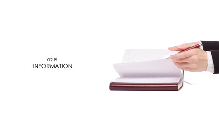 A pen and diary signature in female hand business woman pattern on white background isolationの写真素材