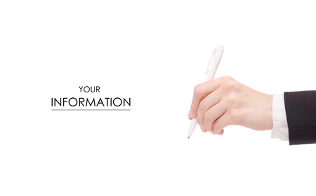 A pen in female hand signature business woman black jacket pattern on white background isolationの写真素材