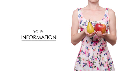 Woman in a dress floral print in the hands fruit apple pear pattern on white background isolationの写真素材