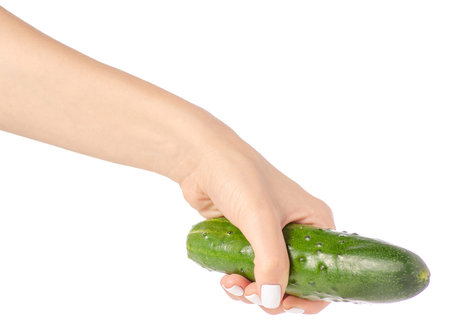 Cucumber in a hand on a white background isolationの写真素材