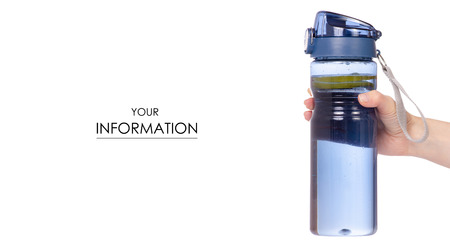 Sport bottle of water with lemon in hand pattern on white background isolationの写真素材