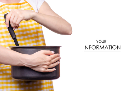 Woman with apron in hand kitchen ladle and saucepan pattern on white background isolationの写真素材