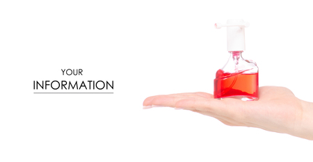 Bottle of medicine spray for throat in hand pattern on white background isolationの写真素材