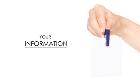 The stationery clothespins paper in hand pattern on white background isolationの写真素材