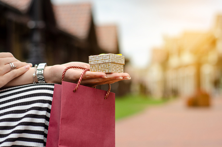A woman is holding a gift package bag in hand shopping jewerly box ring on blur nature sun backgroundの写真素材
