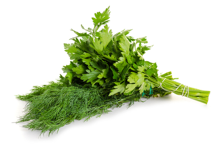 A bunch of parsley and dill on white background isolationの写真素材