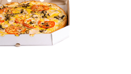 Pizza in a box on a white background isolationの写真素材