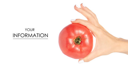 Pink tomato in hand pattern on a white background isolationの写真素材