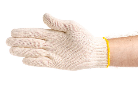 Male hand in working glove on white background isolationの写真素材