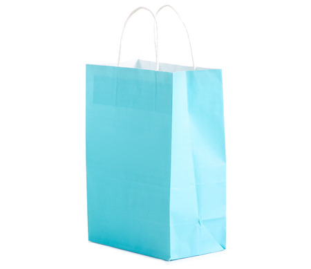 Blue turquoise paper package bag shop shopping fashion on white background isolationの写真素材