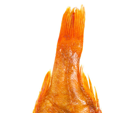 Tail of smoked fish perch on white background isolation