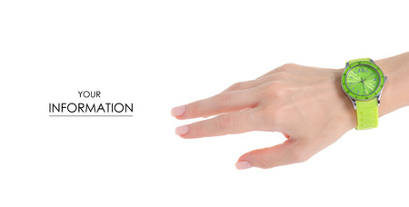 Green clock on a hand pattern on a white background isolationの写真素材
