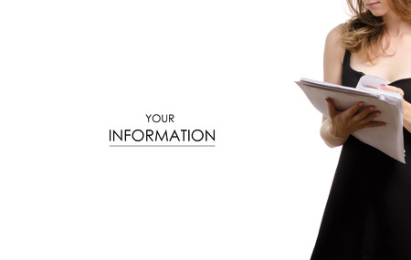 Young woman in a black dress with a pile of papers pattern on a white background isolationの写真素材
