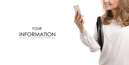 Beautiful girl with mobile telephone smartphone bag pattern on white background isolationの写真素材