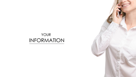 Young woman in a white shirt with a smartphone pattern on a white background isolationの写真素材