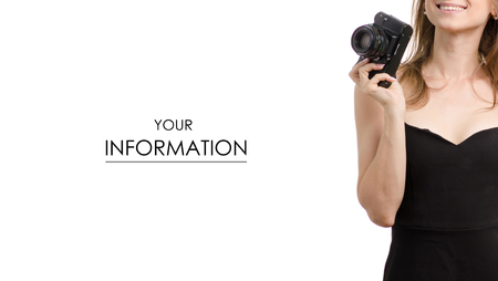 Young woman with an old camera pattern on a white background isolatedの写真素材