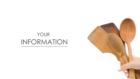 Kitchen wooden utensils in hand pattern on white background isolationの写真素材