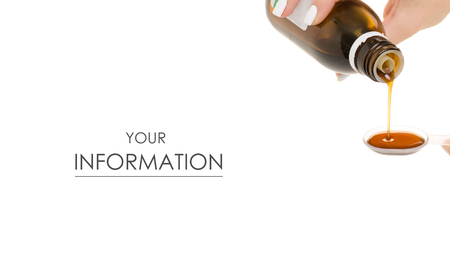 Bottle of syrup in hand medicine pattern on white background isolationの写真素材