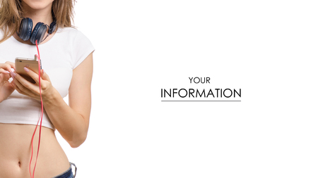 Beautiful young woman with a smartphone and headphones pattern on a white background isolationの写真素材