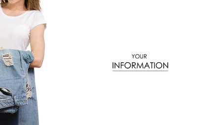 Beautiful young woman with things clothes jeans and with a sale pattern on white background isolationの写真素材