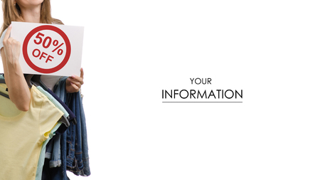 Beautiful young woman with things jeans t-shirt and with a sale sign pattern on white background isolationの写真素材