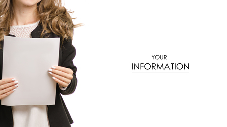 Beautiful young business woman with a paper pattern on a white background isolationの写真素材