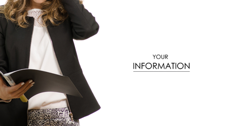 Beautiful young business woman with a folder pattern on a white background isolationの写真素材