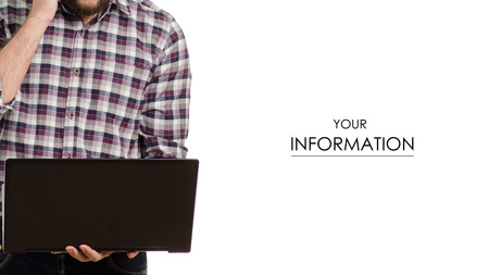 Man in shirt with laptop pattern on white background isolationの写真素材