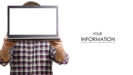 Man in shirt with laptop pattern on white background isolationの写真素材