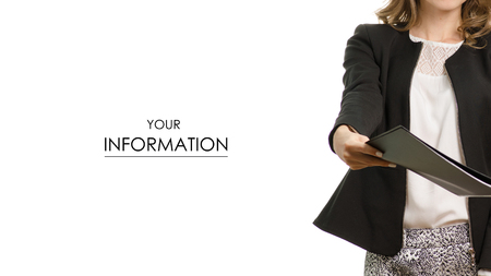 Beautiful young business woman with a folder pattern on a white background isolationの写真素材