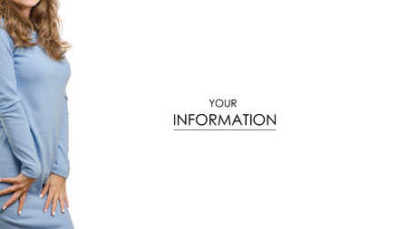 Young woman in blue autumn warm clothes pattern on white background isolationの写真素材