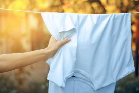 White T-shirt hanging on a clothespin female hand nature on blur backgroundの写真素材