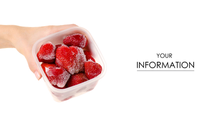 Frozen strawberries in a container in hand pattern on a white background isolationの写真素材