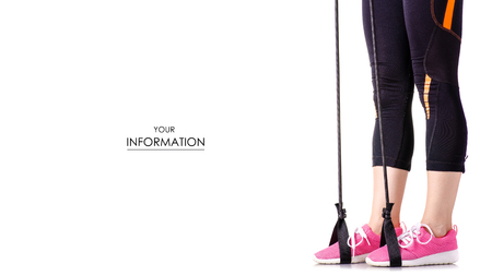 Female legs sports leggings sneakers sports exercises expander for legs pattern on white background isolationの写真素材