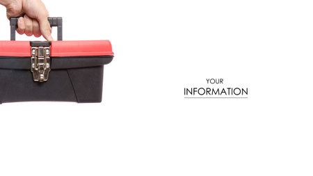 Box with construction tools in hand pattern isolated on white background.の写真素材