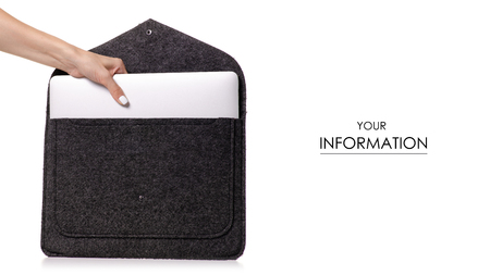 Laptop and case in hand pattern isolated on white background.の写真素材