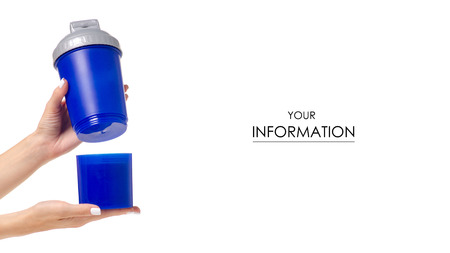Blue sports shaker bottle in hand pattern isolated on white background.の写真素材