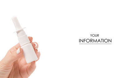 Medicine nose spray in hand pattern isolated on white background.の写真素材