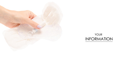 Female hand hygienic pad tampon napkin menstruation pattern isolated on white background.の写真素材