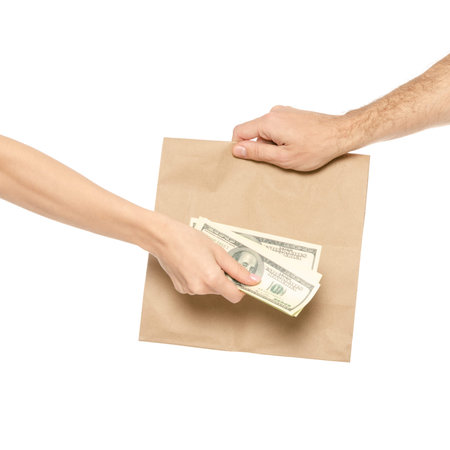 Package food delivery a hands money on white background isolation.