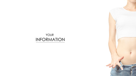 Woman in jeans is thin big size weight loss centimeter pattern isolated on white background.の写真素材