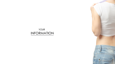 Woman in jeans is thin big size weight loss centimeter pattern isolated on a white backgroundの写真素材