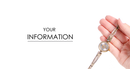 Female's watch in hand pattern isolated on white backgroundの写真素材