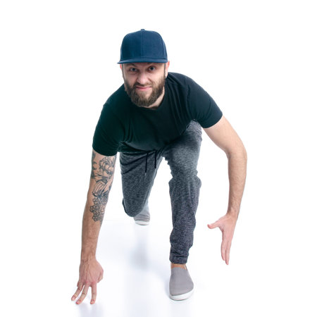 Man with beard cap run isolated on white background